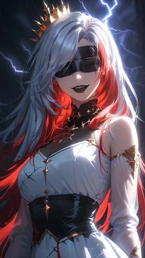 1girl, side blindfold:1.2, split-color hair:1.3, long hair, black lips, laugh, white dress, see-through sleeve, crown of thorns , dramatic lighting, soft shadow, masterpiece, best quality, safe, SFW, very aesthetic, recent, absurdres, highres, lightning, g...