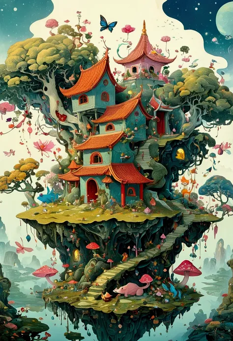 There is a painting，There is a fairy house in the painting，There are many animals in the house, A detailed painting of Wu Ya, Winner of the Behance competition, Pop surrealism, Affable ， Wenjun Lin, A beautiful artistic illustration, Shin Jin Hye Art, Full...