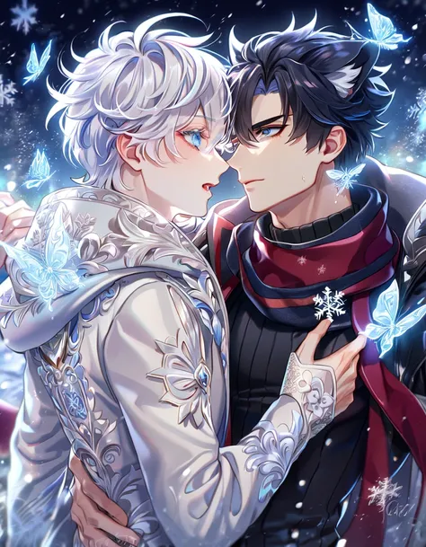 (absurdres, highres, ultra detailed, HDR) master piece, best quality, extremely detailed face, delicated features, Wriothesley, black hair, expressive blue eyes, Genshin Impact, Gojou Satoru, white hair, expressive blue eyes, white eyelashes, two sexy men ...