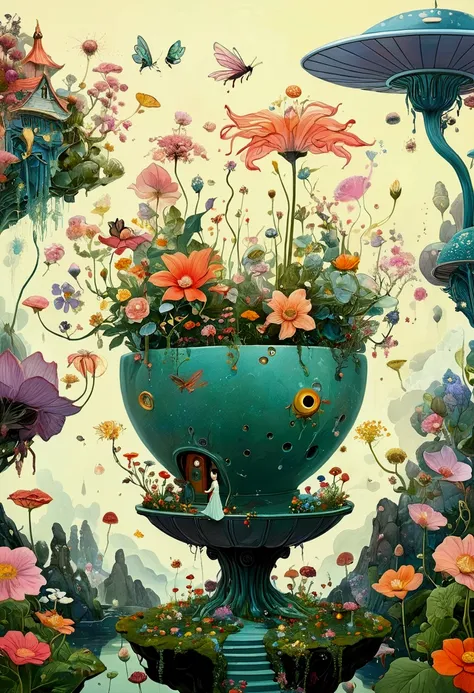 There is a painting，There is a fairy in a flower pot in the painting, Whimsical fantasy landscape art, A beautiful artistic illustration, 异想天开的Surrealism, Color illustrations, very surreal garden, 神奇的Surrealism, lush garden spaceship, Shin Jin Hye Art, blo...