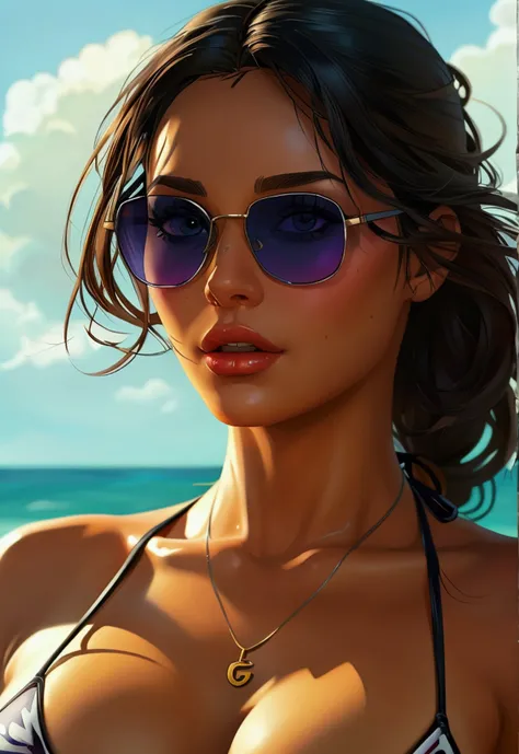 Game GTA style, full body shot, a close up of a woman in a bikini and sunglasses, art gta 6 comics, style of gta VI artworks, comics gta 6 cover, comic digital art, art gta 6 cover, Lucia in gta VI, gta VI art, gta VI loading screen art, realistic bikini, ...