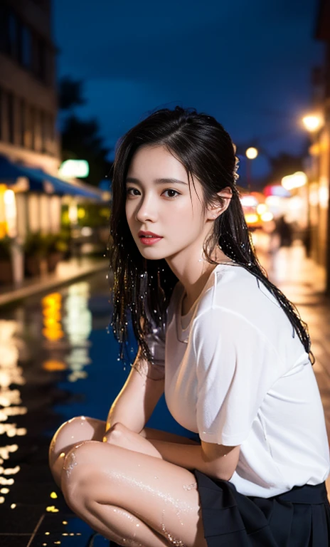 (a gorgeous lady, age 22, white T-shirt, (wet clothes:1.10) pleated mini-skirt, squatting outside a Cafe, hands on hip, rainy night, dimples, cute snaggle-tooth, ponytail, photorealistic, beautiful detailed face, beautiful detailed eyes, ample round bosom,...