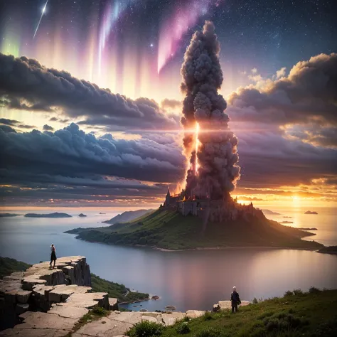 (8k, highest quality, masterpiece, final fantasy style: 1.2), (unRealistic, photoRealistic: 1.37), Dreamy landscape, Fantasy, Unsurreal landscapes, Super detailed, Flying Castle, Floating Island in the Sky, Seven-colored swirl of light, Aurora, Intense lig...