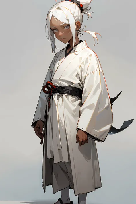 1boy, male focus, age 15, ((child,)) white hair, topknot, bright grey eyes, calm expression, white clothes, samurai robes, sandals, dark skin, hands to side, white room background, detailed background, detailed face, facing viewer, standing still