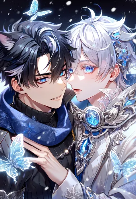 (absurdres, highres, ultra detailed, HDR) master piece, best quality, extremely detailed face, delicated features, Wriothesley, black hair, expressive blue eyes, Genshin Impact, Gojou Satoru, white hair, expressive blue eyes, white eyelashes, two sexy men ...