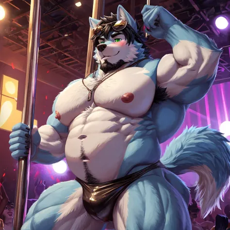 ((best quality)), ((masterpiece)), (Ultra detailed), ((4k)).

Anthro Wolf , Light Blue Fur , Black hair , Short Hair , Short beard , Handsone , Good Looking , Green Eyes ,(Eyes Details), Middle Ages , Huge Pecs , muscle Fat Belly , cute pose , sunglasses ,...