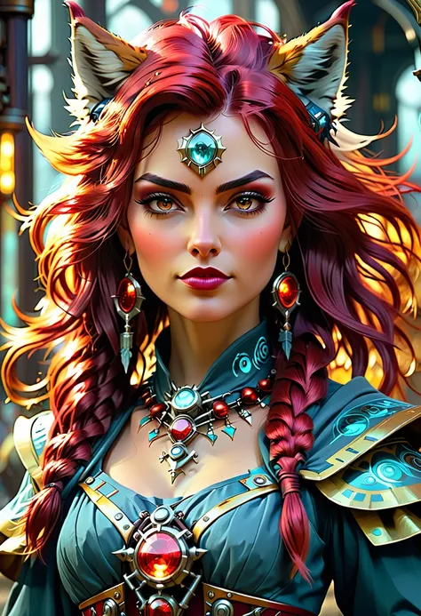 ava red, the wizard of magical colors, mechanical priestess, honky tonk girl, wolves, symmetrical face, character concept art, c...