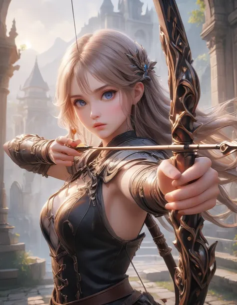 female archer shooting a bow, aim, longbow , 用弓aim, delicate expression, perfect hands(five fingers), beautiful hair, shiny hair...