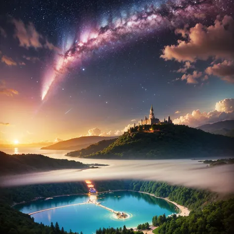 (8k, highest quality, masterpiece, final fantasy style: 1.2), (unRealistic, photoRealistic: 1.37), Dreamy landscape, Fantasy, Unsurreal landscapes, Super detailed, Flying Castle, Floating Island in the Sky, Seven-colored swirl of light, Aurora, Intense lig...