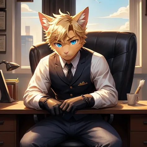 Masterpiece, best quality, high quality, One Male blond cat, Solo, has Blue eyes, handsome face, wears pants with detective shirt, has cat ears, has One cat tail, bored pose, bored expression, in the office, detective aesthetic, wears black gloves, sitzing...