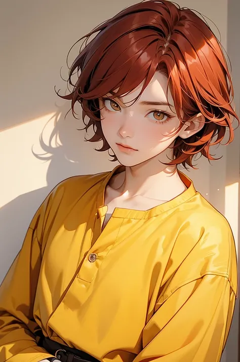 Cute and tender red-haired boy with yellow eyes and wearing a long shirt