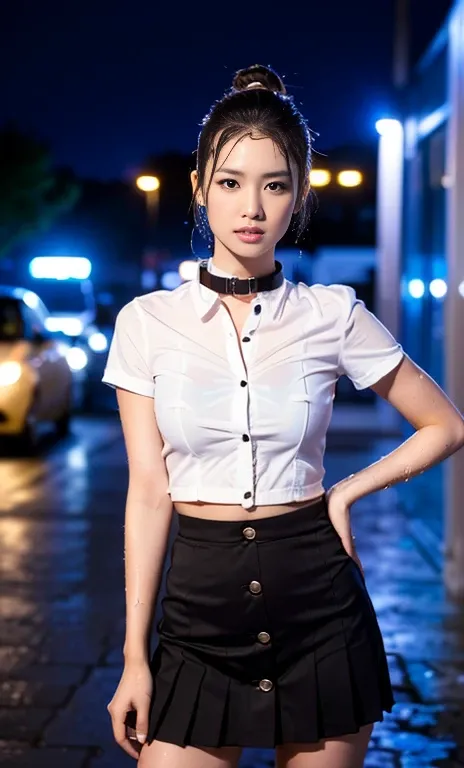 (a gorgeous lady, age 22, white shirt with collar & buttons, (wet clothes:1.20) pleated mini-skirt, knee high socks, standing outside a Cafe, hands on hip, rainy night, dimples, cute snaggle-tooth, ponytail, photorealistic, beautiful detailed face, beautif...