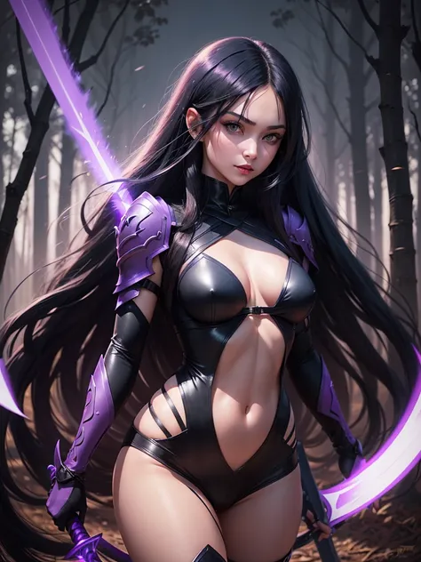 A girl with long black hair and bright blue eyes. She is dressed in purple ninja clothes. She has medium breasts. She holds two short swords glowing pink in her hands. She have a dark red lipsticks. She stands in the night forest