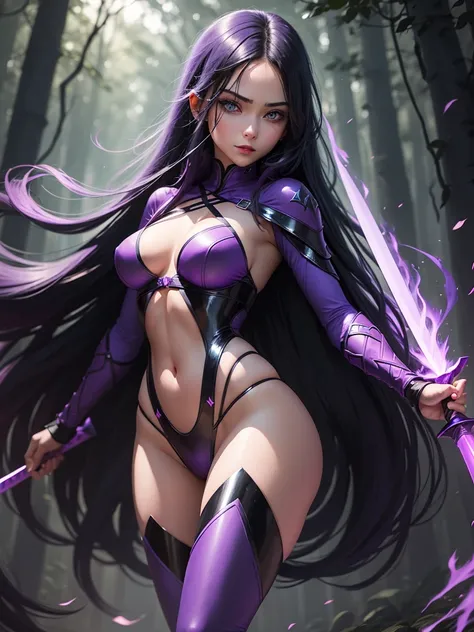 A girl with long black hair and bright blue eyes. She is dressed in purple ninja clothes. She has medium breasts. She holds two short swords glowing pink in her hands. She have a dark red lipsticks. She stands in the night forest