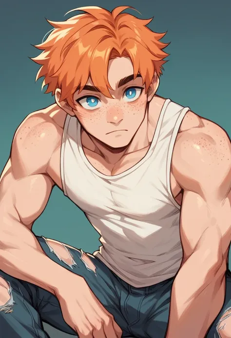  Solo 1boy ,Adolescent  With orange hair , wearing cool Clothing ,Ripped pants ,tank top , BLUE pupils , freckles on face ,