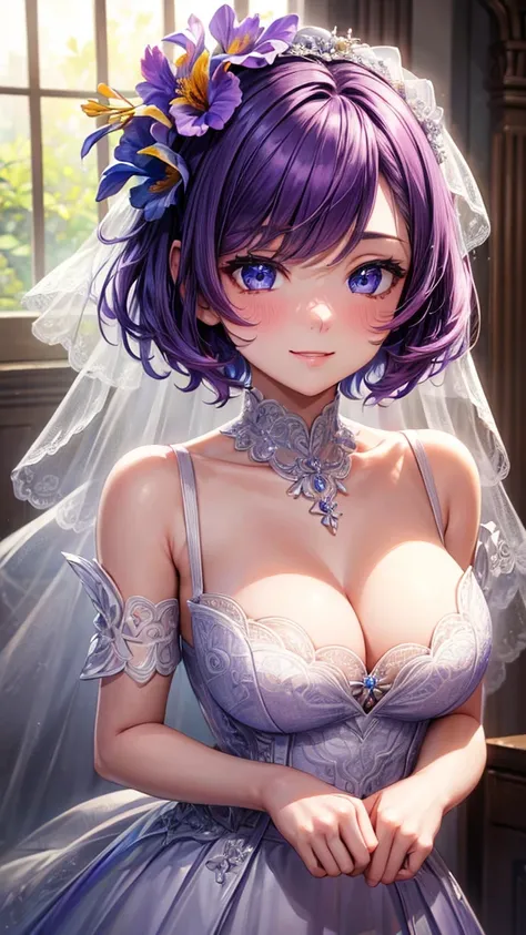 ((Masterpiece)) , ((High Quality)) , ((Ultra Details)) , ((4k)) , 1Girl , Solo , Women , Short Hair ,  Hair Flower , ( Iris Flower ) , Purple Hair Color , Blue Eyes , (Eyes Details) , Wedding Dress , Cute Face , Blush , Cute Smile 