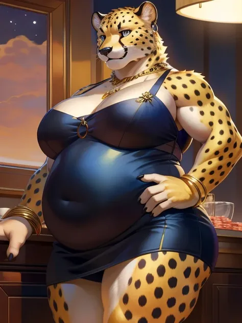 anthro, furry, furry female, cheetah,((short fur,furry, smooth fur)), (cheetahprint), black pupils, golden yellow fat body, golden yellow fur, tail, detailed fur, detailed face, detailed eyes, (black dress, white feather boa), cassino, (by null-ghost,by ra...