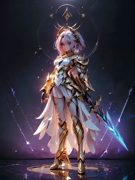 design a layout showcase gaming character, (1girl). golden+purle clothes, stylish and unique, ((showcase weapon:1.4)), magic sta...