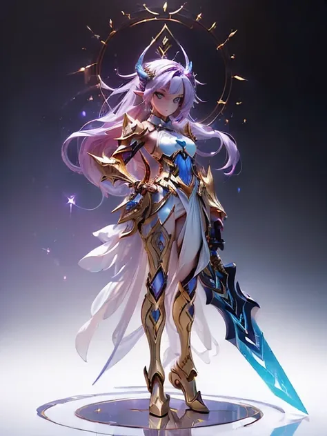 design a layout showcase gaming character, (1girl). golden+purle clothes, stylish and unique, ((showcase weapon:1.4)), magic sta...