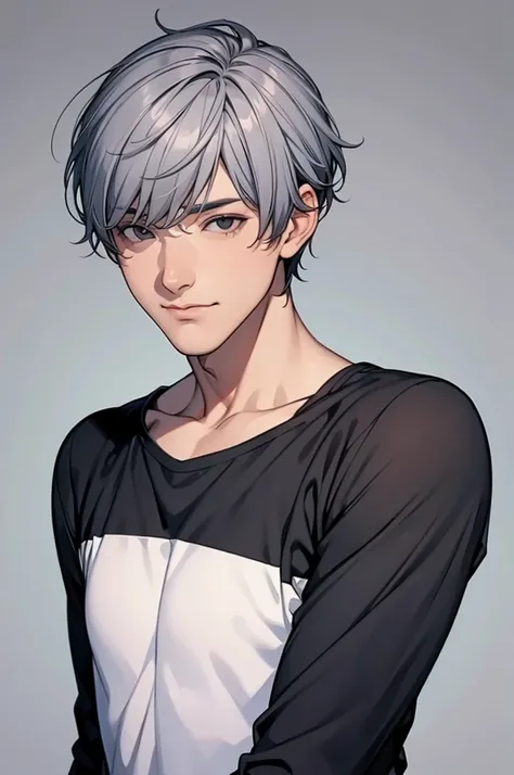 Cute boy with grey hair and black eyes wearing simple clothes