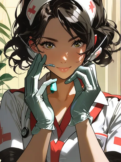 26 y.o sexy nurse, putting on rubber gloves, detailed eyes, natural skin, hard shadow. Style by J.C. Leyendecker. Style by Makoto Shinkai