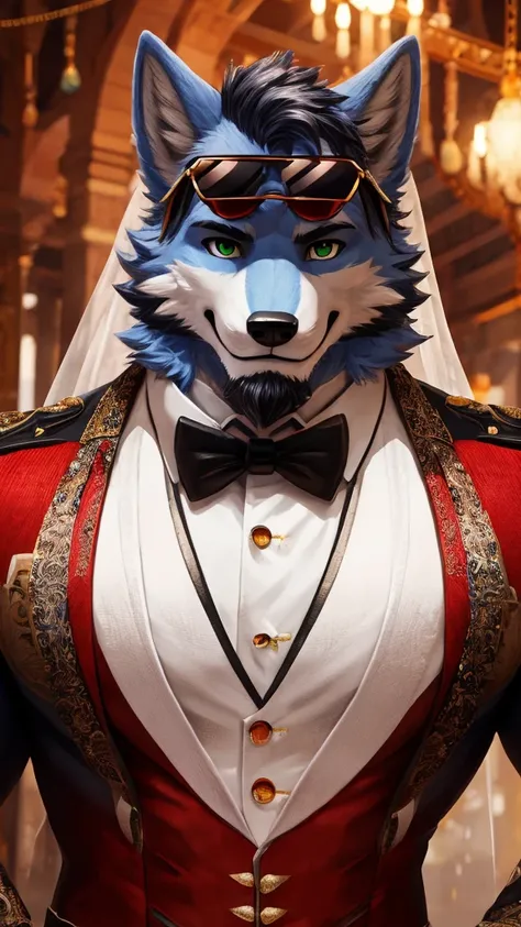 ((best quality)), ((masterpiece)), (Ultra detailed), ((4k)).

Anthro Wolf , Light Blue Fur , Red Color Short Hair ,Black Beard , Handsone , Good Looking , Green Eyes ,(Eyes Details), Middle Ages , Huge Pecs Size  , cute pose , Black Sunglasses , Wear Weddi...