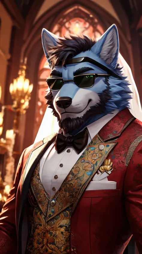 ((best quality)), ((masterpiece)), (Ultra detailed), ((4k)).

Anthro Wolf , Light Blue Fur , Red Color Short Hair ,Black Beard , Handsone , Good Looking , Green Eyes ,(Eyes Details), Middle Ages , Huge Pecs Size  , cute pose , Black Sunglasses , Wear Weddi...