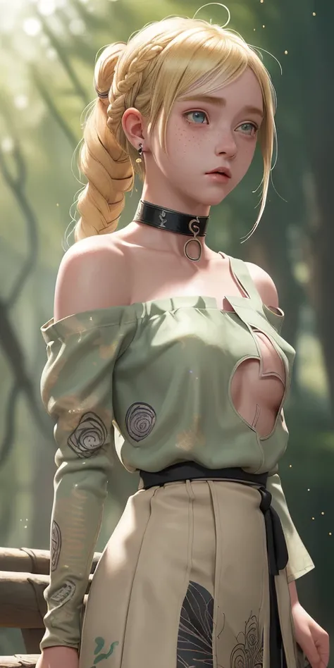 (masterpiece,best quality),1girl,Naruto Shippuden Hinata,intricate details,print,earrings,freckles,upper body,bokeh,dappled sunlight,blonde,off shoulder,high-waist skirt,choker,looking at viewer,french braid,bangs,clothing cutout,glitter,particles,strap sl...