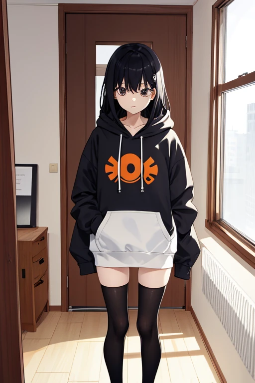 Inside the room、Are standing、Dabo Dabo hoodie、Black knee-high socks that cover the knees、Lower body naked、Black Hair