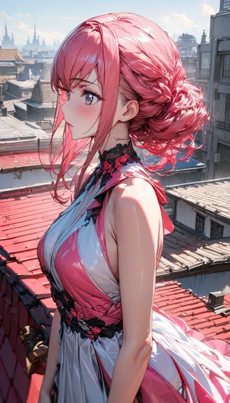 One person, woman, Ultra-high resolution, 超detailed, Highest quality, 8k,((Highest quality)), ((masterpiece)), (detailed)，Face direction(profile)，Hair Color(Bright pink,Fine hair quality), Hairstyle(Well-organized), background(Rooftop)，eye(きれいなeye元), cloth...