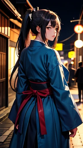 high resolution、Photo Quality、One Woman、Shinsengumi costumes、Long Hair、ponytail、Kyoto street corner、At dusk、The backlight is too bright、No one else、