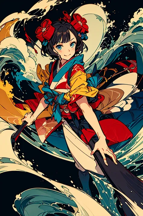 hokusai, masterpiece, super high quality, ( Highly detailed original illustration), , ((Hana Sakura)(graffiti)), Double exposure, A fluid fusion of abstract art, Glitch, ( 2D), ( Original illustration composition), ( Limited edition color fusion, Maximalis...