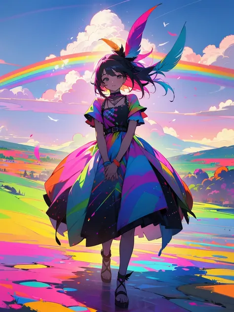 (Girl looking at the ground - Colorful - Most colorful ever - Ultra HD - 4K - Girl wearing a dress with colorful Feather - Colorful - Rainbow - Colorful Dress - Rainbow Sky)