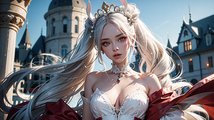 a beautiful detailed girl with long white hair, white rabbit ears, twin pigtails, wearing a white frilly dress, a golden crown, red eyes, a large red gemstone on her chest, a red bow on her neck, covered in pearl details, sleeveless, in a castle setting wi...