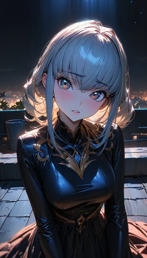 One person, woman, Ultra-high resolution, 超detailed, Highest quality, 8k,((Highest quality)), ((masterpiece)), (detailed)，Face direction(front)，Hair Color(Light light blue,Fine hair quality), Hairstyle(Well-organized), background(Rooftop,night)，eye(きれいなeye...