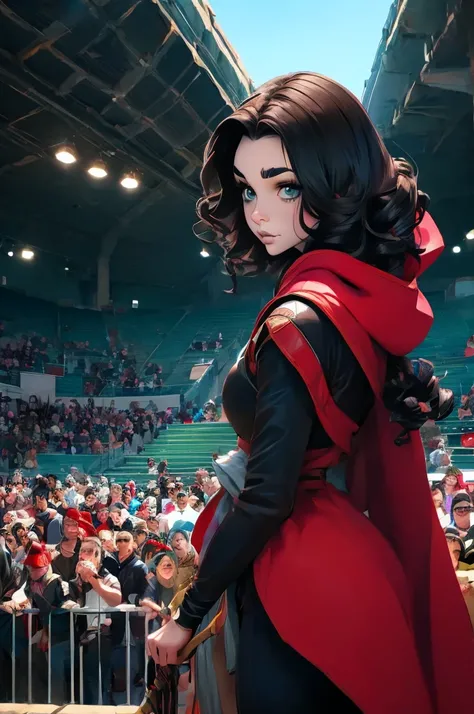 Lily Collins with black curly hair with red hood, medieval clothes, bow and arrow in hand, entering an arena landscape filled with bleachers and audience watching the illustration is detailed, smooth and bright, HD art by Citemer Liu