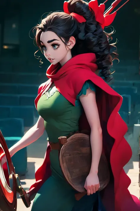 Lily Collins with black curly hair with red hood, medieval clothes, bow and arrow in hand, entering an arena landscape filled with bleachers and audience watching the illustration is detailed, smooth and bright, HD art by Citemer Liu