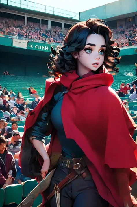 Lily Collins with black curly hair with red hood, medieval clothes, bow and arrow in hand, entering an arena landscape filled with bleachers and audience watching the illustration is detailed, smooth and bright, HD art by Citemer Liu