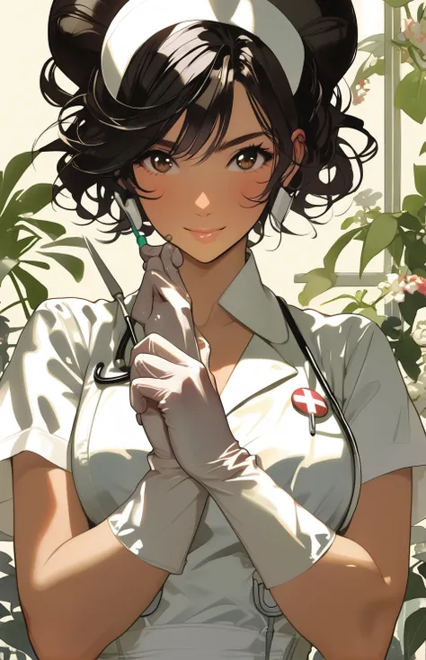 26 y.o sexy nurse, putting on rubber gloves, detailed eyes, natural skin, hard shadow. Style by J.C. Leyendecker. Style by Makoto Shinkai