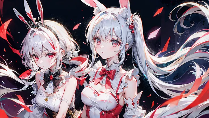 Rabbit ears，White twin ponytails，Bai Changzhi，crown，castle，White pleated dress，Red Eye，Big red gem on chest，There is a red bow on the neck，The upper body is decorated with many pearls，sleeveless，Royal sister，night，Glowing red sea water