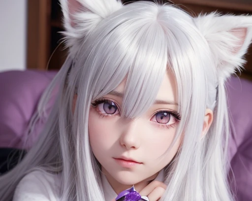 (best quality, masterpiece), 1girl, White hair, Cat ear,Long Wavy Hair,Purple Eyes, anime key visual, medium close-up shot of a Witty Futon, Graphic novel, Satisfying, F/1.8