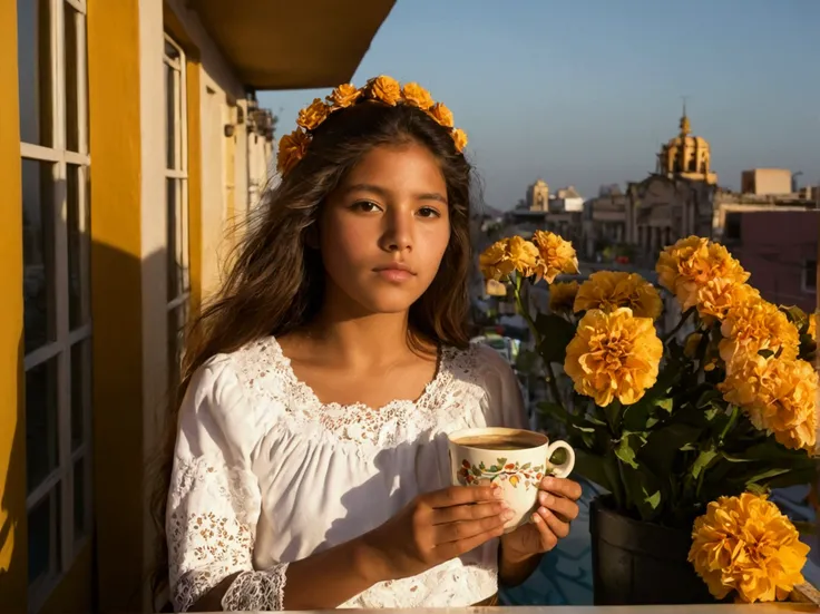 Une jeune Mexicaine aux cheveux bruns, dans un café, se détend sur un balcon décoré de fleurs, baigné par la lumière dorée du coucher de soleil. Sa tenue légère évoque la chaleur et la culture vibrante du Mexique.