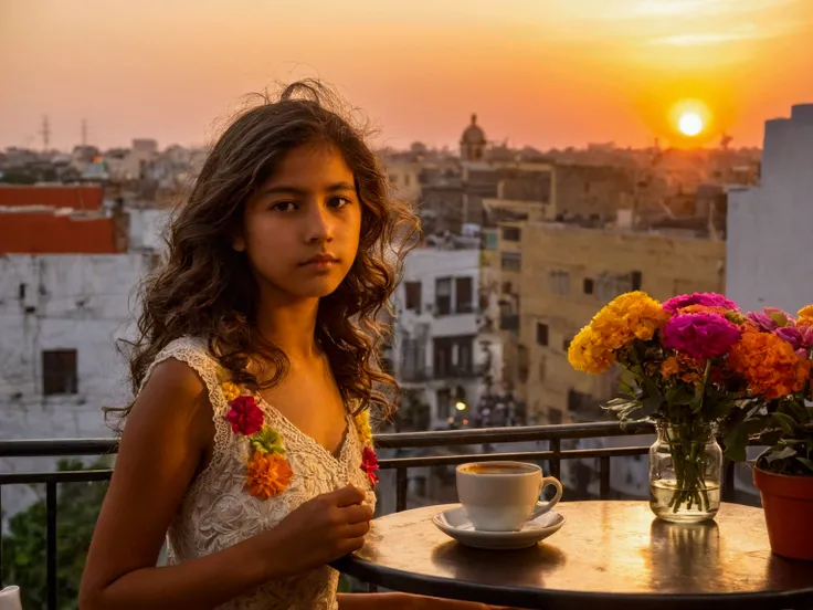 Une jeune Mexicaine aux cheveux bruns, dans un café, se détend sur un balcon décoré de fleurs, baigné par la lumière dorée du coucher de soleil. Sa tenue légère évoque la chaleur et la culture vibrante du Mexique.