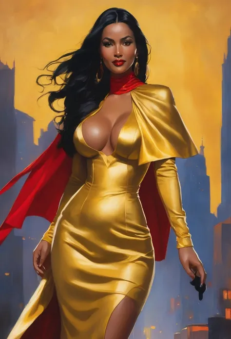 A powerful woman stands tall, her long black hair flowing behind her as she gazes at the viewer with a sultry smile. Her skin-tight bodysuit hugs her curves, accentuating her ample breasts and shapely figure. She wears black elbow gloves and shiny earrings...