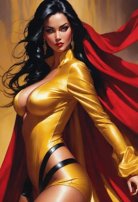 A powerful woman stands tall, her long black hair flowing behind her as she gazes at the viewer with a sultry smile. Her skin-tight bodysuit hugs her curves, accentuating her ample breasts and shapely figure. She wears black elbow gloves and shiny earrings...