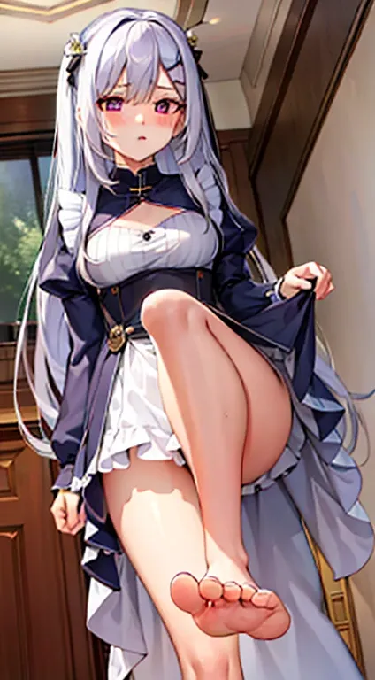 1 girl,White hair,purples eyes,housekeeper,long hair,tareme eyes,yandere,2legs,leg focus,hands on thigh, X-Shaped Hair Bands,from low,half-closed eyes,jitome,blush,perspiring,bare feet,feet,(five toes1.5),singles of feet,feet focus,perspiring,bare feet,FFA...