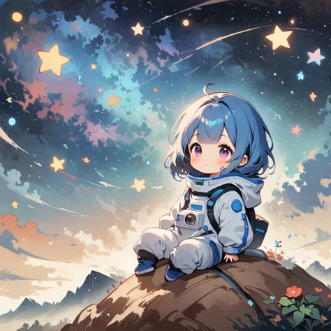 Girl sit in spacesuit floating in space,blue hair, surrounded by the Milky Way, the universe , cutely.  กินขนม เจอเอเลี่ยน