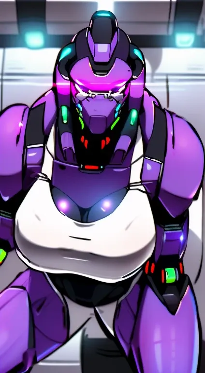 Oh girl,standing alone,close-up of the upper body, ((BLACK HAIR BEAUTY)), (gigantic fake breast:1.5), ((NSFW Cleavage:1.5)), (ABS MUSCULAR:1.3), (LED PURPLE WHITE GLOWING FUTURISTIC MECHA CYBER CROP TOP, LEGGINGS MECHA PRETO,portraite:1.5), (MUSCLE MATURE ...