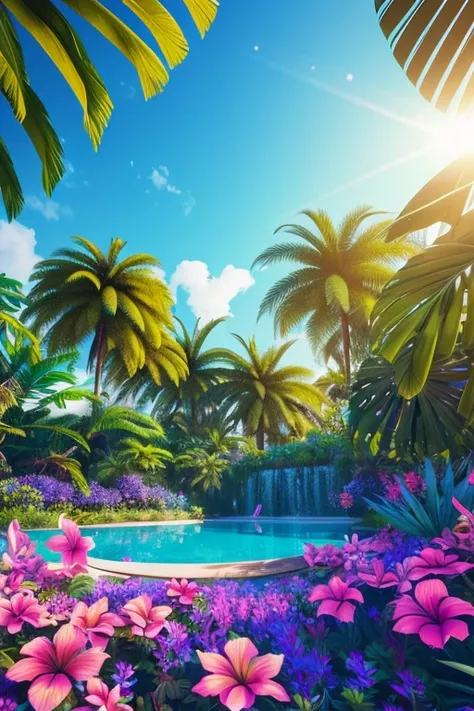 Ultra-realistic scenes, Parallel world, Divine tropical otherworldly plants, cult, Tropical flowers, Unusual art, Unique art, Summer blue sky background, sunlight, bright sunlight, Blender, Product Rendering, High quality 8K. 