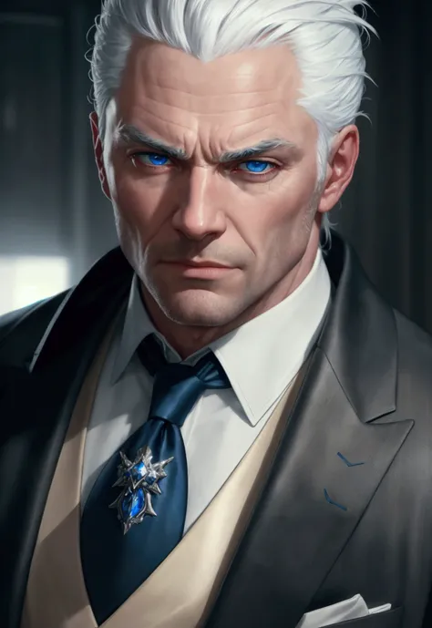 a strong man with white hair and blue eyes wearing a suit, detailed portrait, realistic, photorealistic, detailed facial features, sharp focus, high quality, 8k, extremely detailed, studio lighting, dramatic lighting, chiaroscuro, cinematic, moody, warm co...